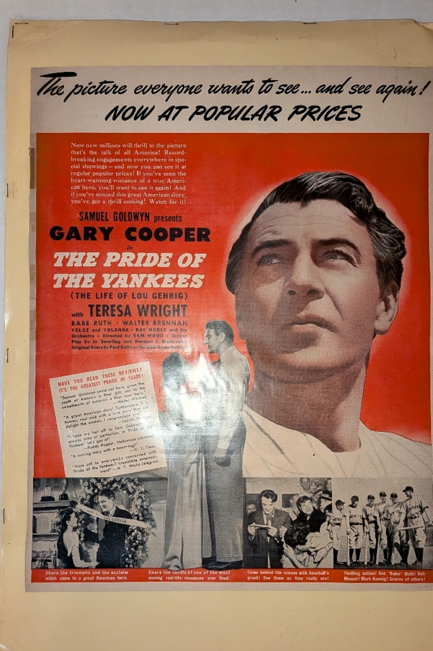 Vintage 1943 Magazine Movie Advertisement of "The Pride Of The Yankees" 12.5x9